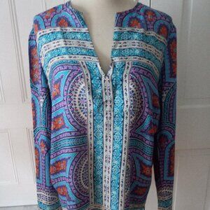 BCBG MAXAZARIA BLUE PRINT TUNIC TOP L